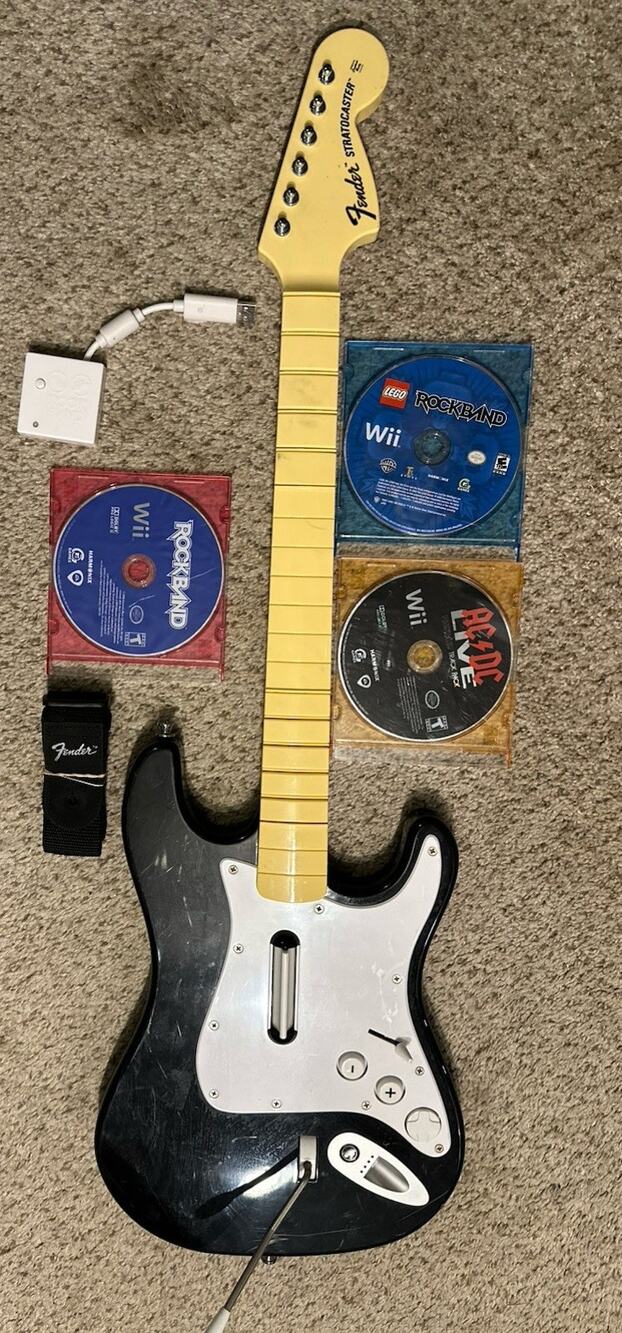 Nintendo Wii Rock Band Guitar w Dongle Strap 2 Games RockBand Lego AC/DC Tested